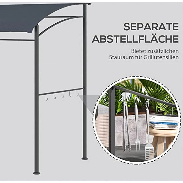 Outsunny Grillpavillon 215 x 150 x 220 cm, Wasserabweisend mit Gebogendach und 10 Haken, Gartenlauben für BBQ und Gartenpartys, Grau – Bild 4