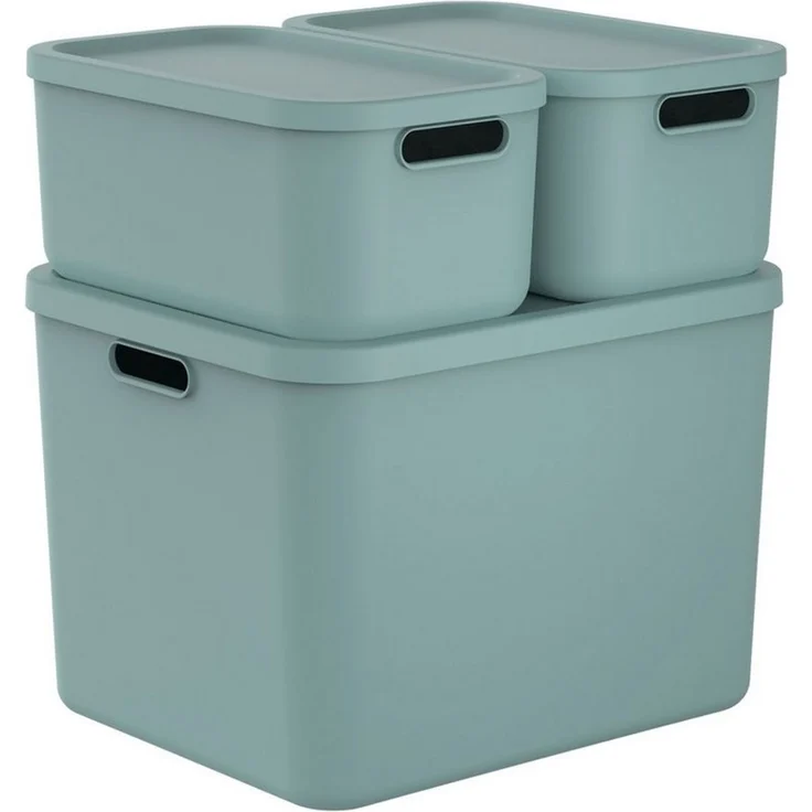 ROTHO Stapelbox Albula Light Set 3tlg. 2x 12l und 55l Aufbewahrungsboxen mit Deckel (3-teilig, Boxen-Set), Recycelt, modular, mit Tragegriffen – Bild 1