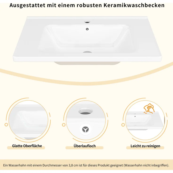 Waschtischunterschrank 120 x 47,5 x 80 cm mit Keramikwaschbecken – Badezimmerschrank in Weiß mit goldfarbenen Griffen – Bild 8