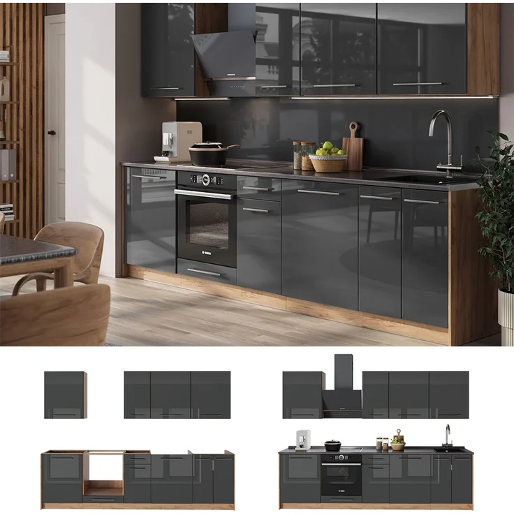 Küchenzeile Fame-Line Anthrazit Hochglanz/Goldkraft Eiche 280 cm, AP Marmor Vicco – Bild 4