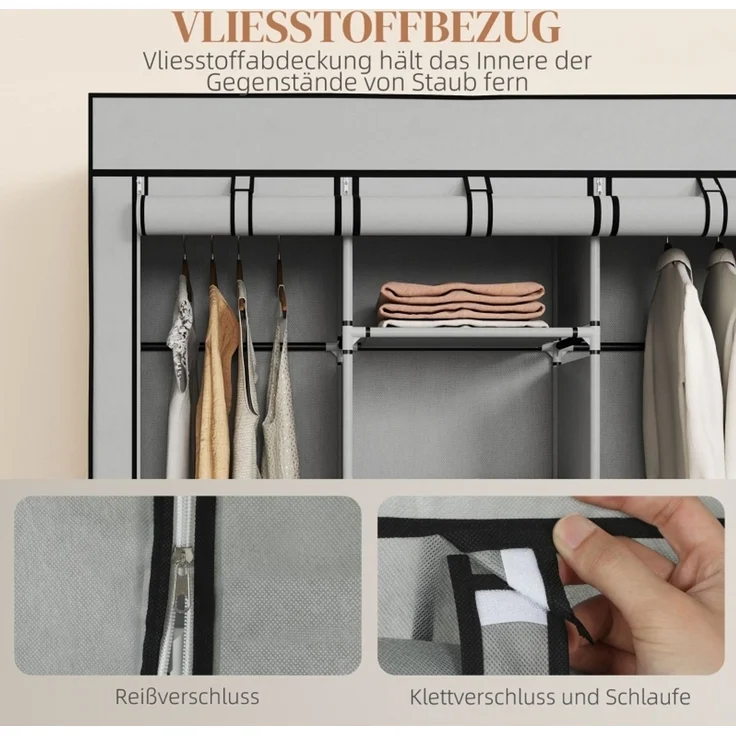 Stoffschrank 125x43x162,5 cm mit 8 Regalen und 2 Kleiderstangen – hellgrauer Faltschrank – Bild 6