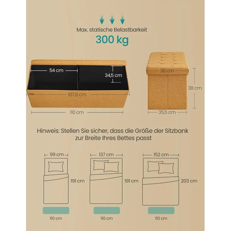 SONGMICS Sitzhocker mit Stauraum, klappbare Sitzbank, 38 x 110 x 38 cm Fußbank, Aufbewahrungsbox, bis 300 kg belastbar, für Wohnzimmer Schlafzimmer Flur, ingwergelb – Bild 3