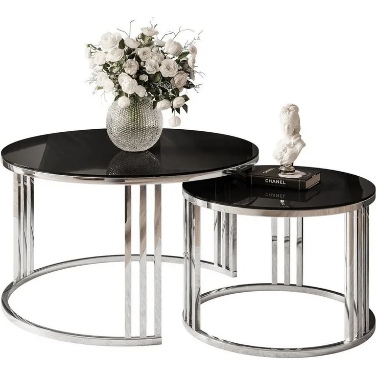Lookway Couchtisch LORI 2in1 GLASS runder Couchtisch mit silber chrom Gestell (2er Set), Durchmesser: ⌀70 cm und ⌀50 cm