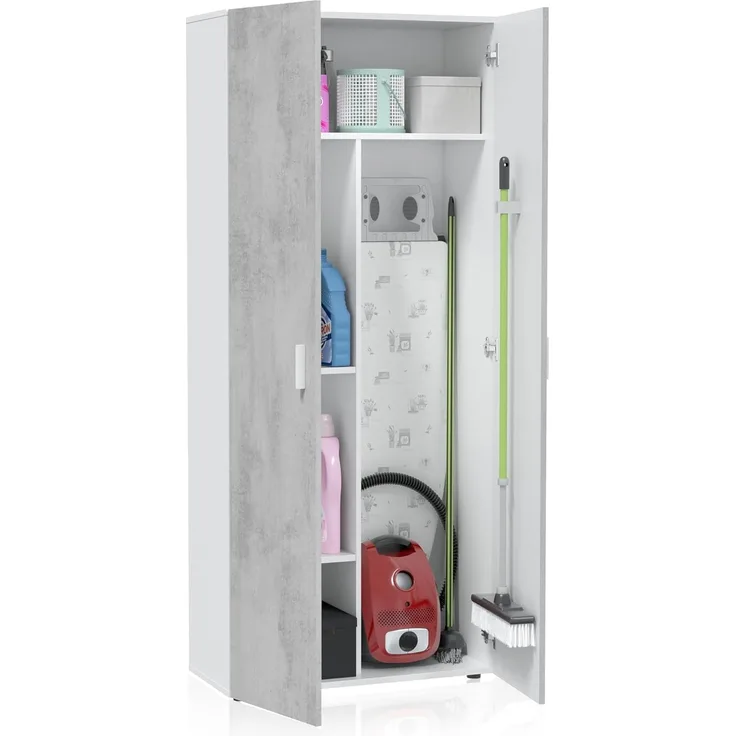 Habitdesign, Mehrzweckschrank, 2 Türen, 3 Einlegeböden, 182 x 80 x 37 cm (H x B x T), Besenschrank, Arktisweiß und Zement