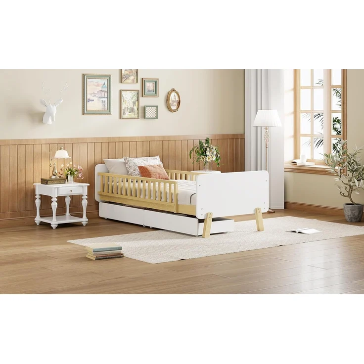 Ball & Cast Kinderbett (90x190cm) mit 2 Schubladen und Rausfallschutz, Juniorbett aus Massivholz mit Lattenrost, Einfach & Zeitsparend Montierbar, Weiß – Bild 6