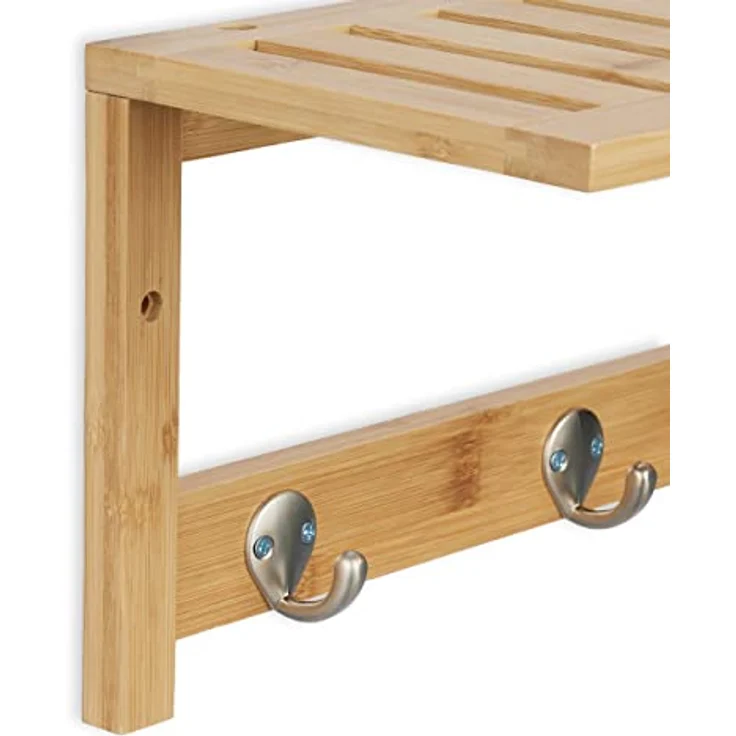 Relaxdays Wandregal mit Hakenleiste, hellbraun, aus Holz und Metall, 62x18x16 cm, ideal als Garderobe oder Handtuchhalter – Bild 6