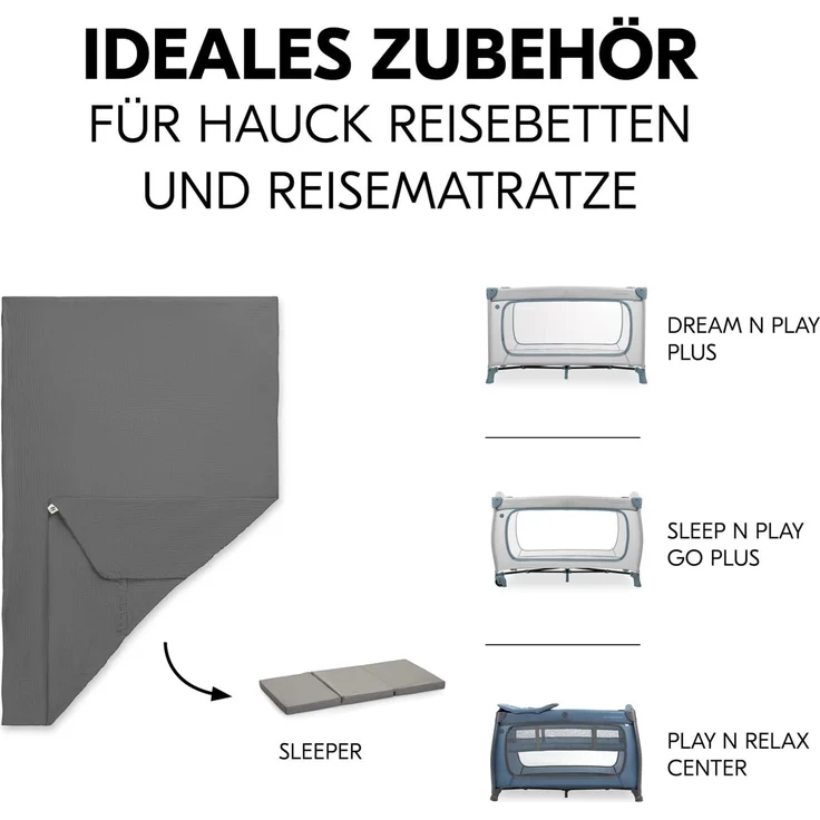 hauck Baby Spannbettlaken 60x120 cm für Reisebettmatratzen, Baby Matratzenbezug Baumwolle Musselin, 60° C Maschinenwäsche, Babybettlaken mit Gummizug (Dark Grey) – Bild 7