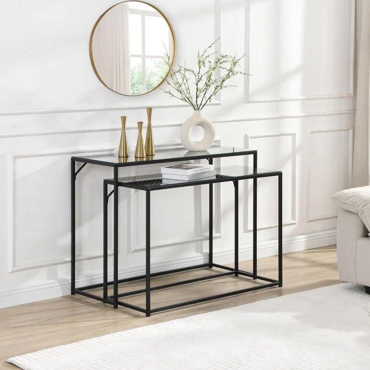 FineBuy Konsolentisch Set 2er Metall mit Glasplatte, Moderne Dekotische für Flur Wohnzimmer, Schmale Ablagetische im Industrial Design, platzsparend und ineinander schiebbar – Bild 2