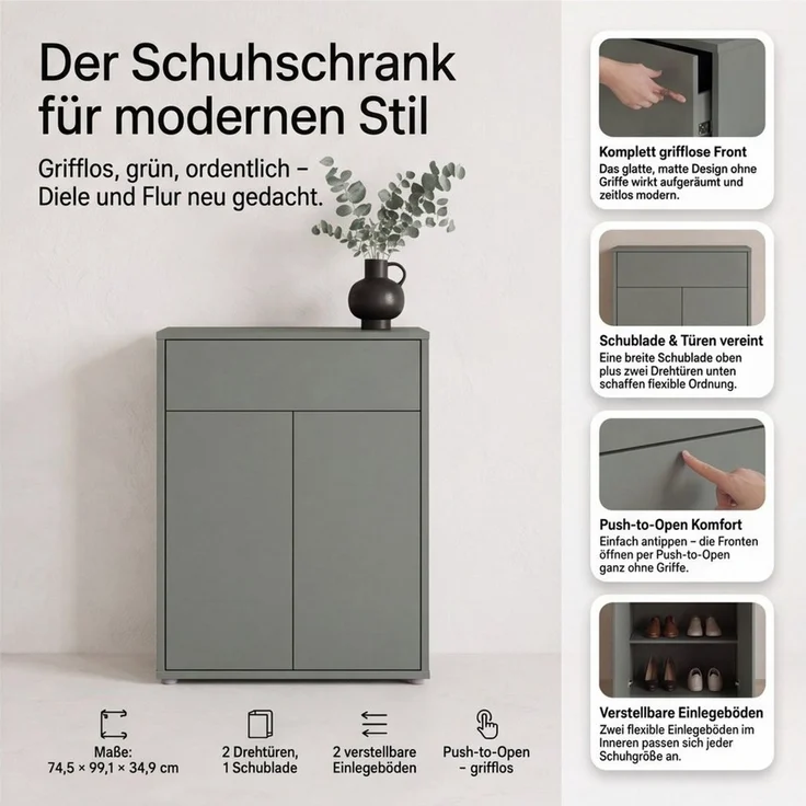 Newroom Schuhschrank Salbei 75 cm grifflos mit Schublade und 2 Türen für Flur und Diele – Bild 3