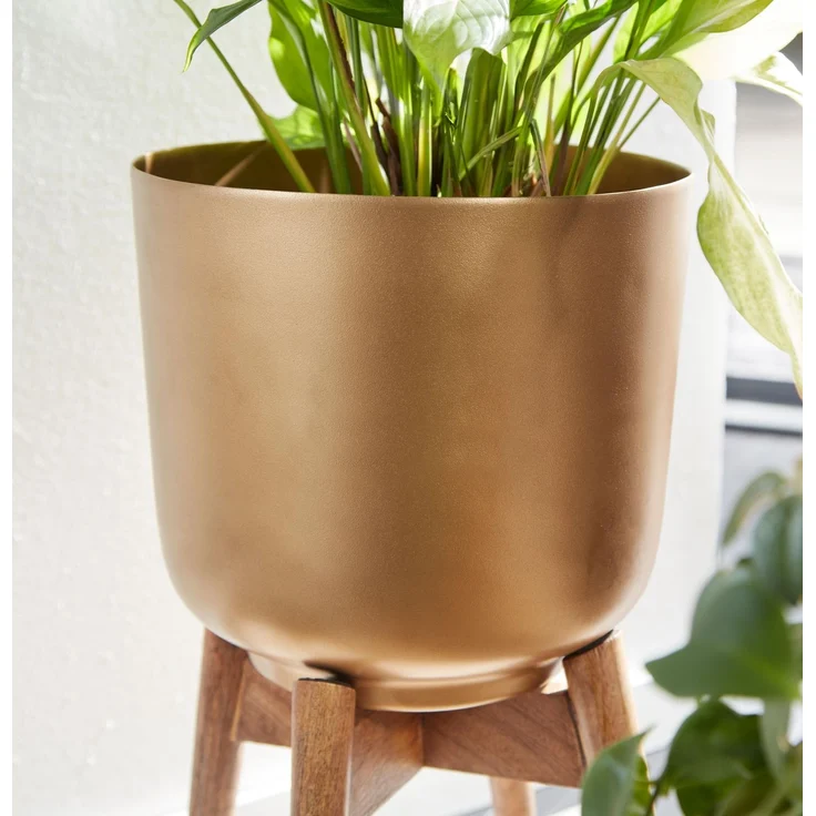 Blumentopf 2er Set Metall Massivholz Gold Rund mit Füßen – Bild 10