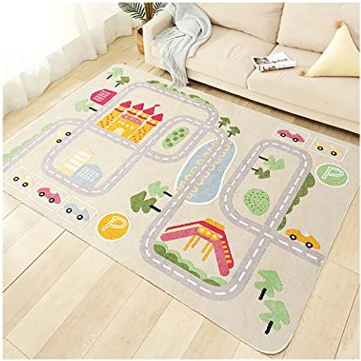 TYKTZXY Kinderteppich Spielen Teppich Straße Auto Tier Universum Blau Grün Grau(80×120cm,31×47inch) – Bild 2