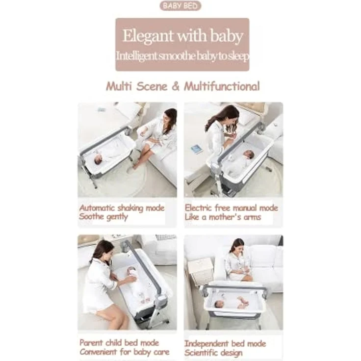 Magic ZC Elektrische Bluetooth Intelligent Beistellbett Baby mit Rollen, Faltbar Co-Sleeping Babybett, Fernbedienung und 5-schwankende Zahnräder, Stubenwagen Kleinkind Wiege mit Musik (601 Grey) – Bild 3