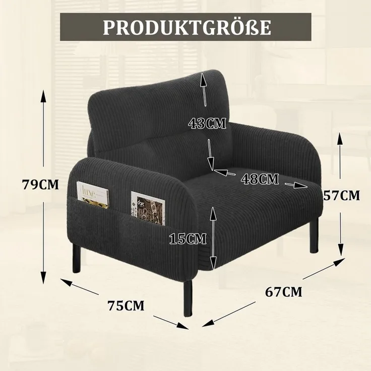 BlingBin Sessel Relaxsessel Polsterstuhl Loungesessel (1-St, Cordstoff, Armlehnen mit Seitentaschen auf beiden Seiten), für Wohnzimmer, Schlafzimmer, Arbeitszimmer, 67 x 75 x 79 cm