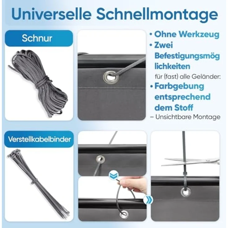Sekey Balkon Sichtschutz Balkonabdeckung Balkonsichtschutz Balkonverkleidung blickdichte Windschutz 100x300 cm, mit Ösen, Nylon Kabelbinder und Kordel, 100% Privatsphäre, Anthrazit – Bild 4