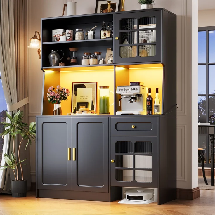 Küchenschrank, hoher Küchenschrank Sideboard Küchenschrank mit Glastüren und LED-Beleuchtung, MDF/Glas, Schwarz, 130 x 45 x 180 cm – Bild 2