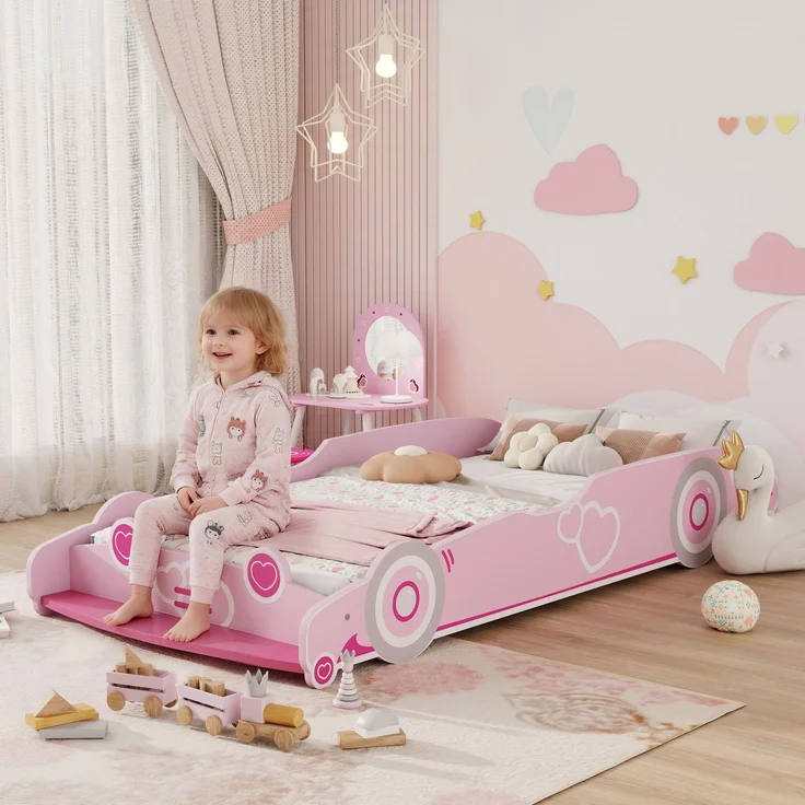 JARDJ Autoförmiges Kinderbett für 3- bis 5-Jährige mit erhöhten Sicherheitsseiten, 140 x 70 cm, Rosa – Bild 3
