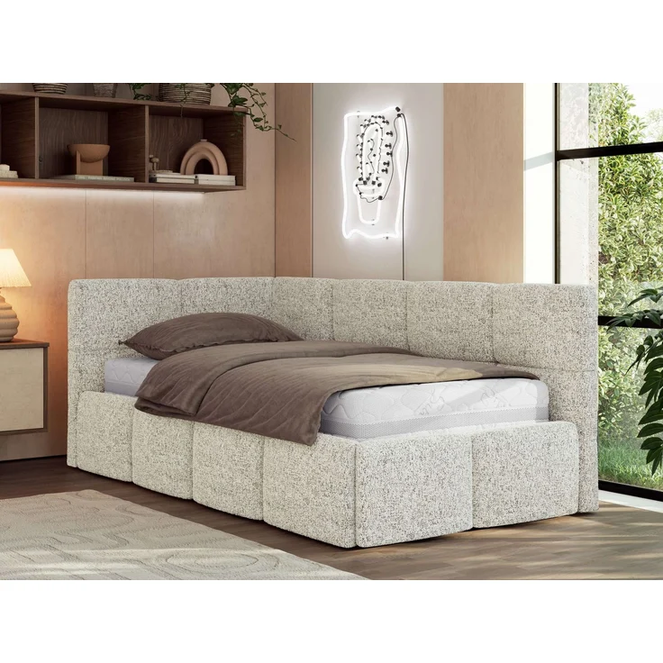 Jugendbett 90x200 ARVO Polsterbett mit Bettkasten, Stauraum & Gasdruckfeder, Modernes Design mit Kopfteil, Multipocket Matratze - Beige Strukture - ELORI LUX - Links Seite – Bild 1
