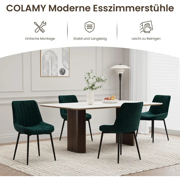 COLAMY Samt Esszimmerstühle 4er Set – Gepolsterte Stühle für Esszimmer & Küche mit Metallbeinen, Dickem Sitzpolster & Rutschfesten Füßen, grün – Bild 4