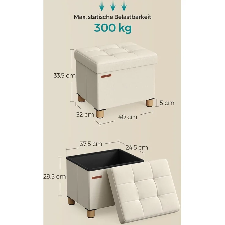 SONGMICS Sitzhocker mit Stauraum, kleine klappbare Sitzbank, 32x40 cm Fußbank, Aufbewahrungsbox, bis 300 kg belastbar, für Wohnzimmer Schlafzimmer Schlafsaal, cremeweiß LSF012W11 – Bild 3