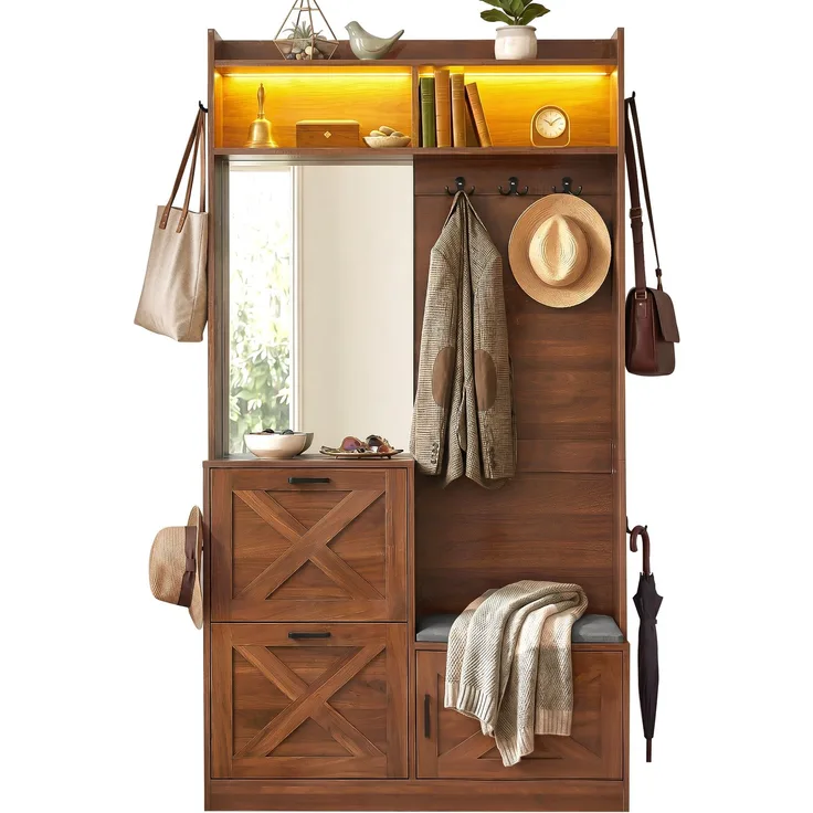 Kompaktgarderobe,Garderobenschrank für Diele mit 2 Klappschuhfächern, Ganzkörperspiegel, per App farbverstellbare LED, Metallgriffe, Korpus aus PB+MDF