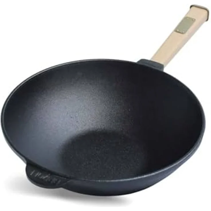 Wok Bratpfanne Ø26 cm 2,8 L aus Gusseisen mit Holzgriff Glasdeckel Asia Wokpfanne Induktion – Bild 3