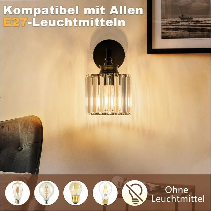 Nettlife Wandleuchte Kristall moderne Wandlampe E27 Wandbeleuchtung als Nachttischlampe, ohne Leuchtmittel, für Schlafzimmer, Wohnzimmer, Flur, Treppenhaus – Bild 1