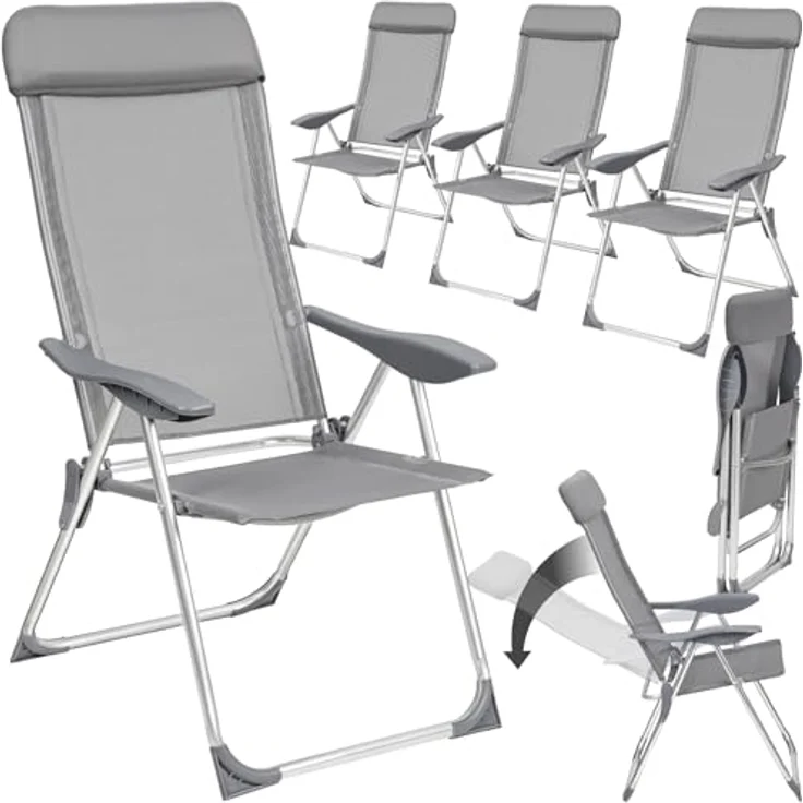 tectake® 4er Set Gartenstuhl Hochlehner, Gartenstühle, Essstühle Aluminium, Klappstuhl 5-Fach verstellbar mit Armlehnen, Sessel mit Liegefunktion, Gartenmöbel, Möbel für Terrasse und Camping - grau – Bild 2
