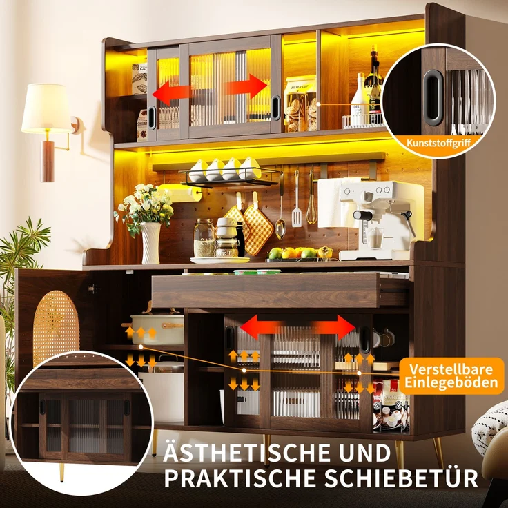 Buffetschrank aus MDF mit LED-Lichtleiste, Schubladen & Lochplatte, 145x39x171 cm, Braun – Bild 8