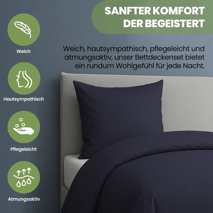 Bettwäsche 2tlg 135x200cm Microfaser mit Reißverschluss atmungsaktiv 2x Navy-Blau – Bild 4