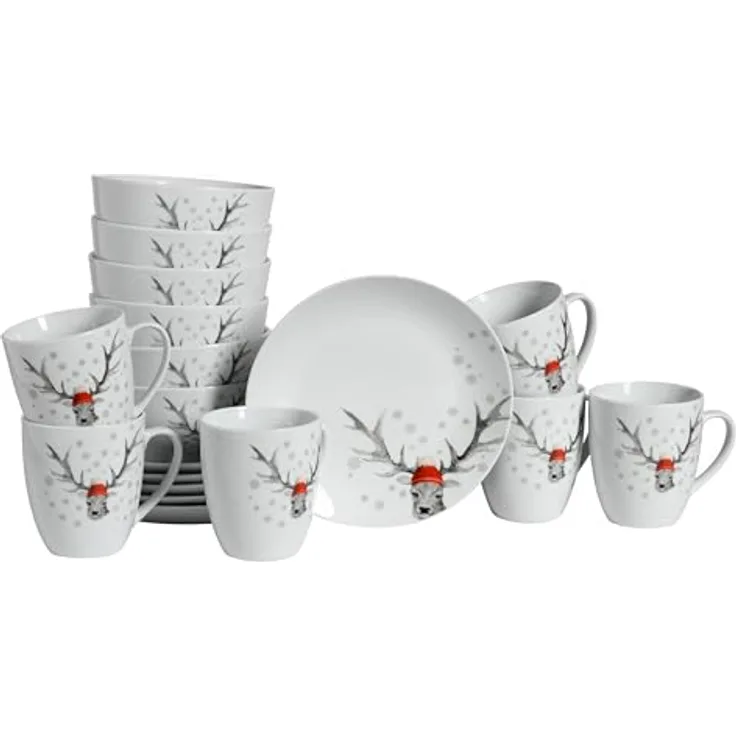 Creatable Kombiservice Hirsch, 18-teiliges Geschirrset aus lebensmittelechter Keramik, Weiß, stapelbar, 300 ml und 600 ml