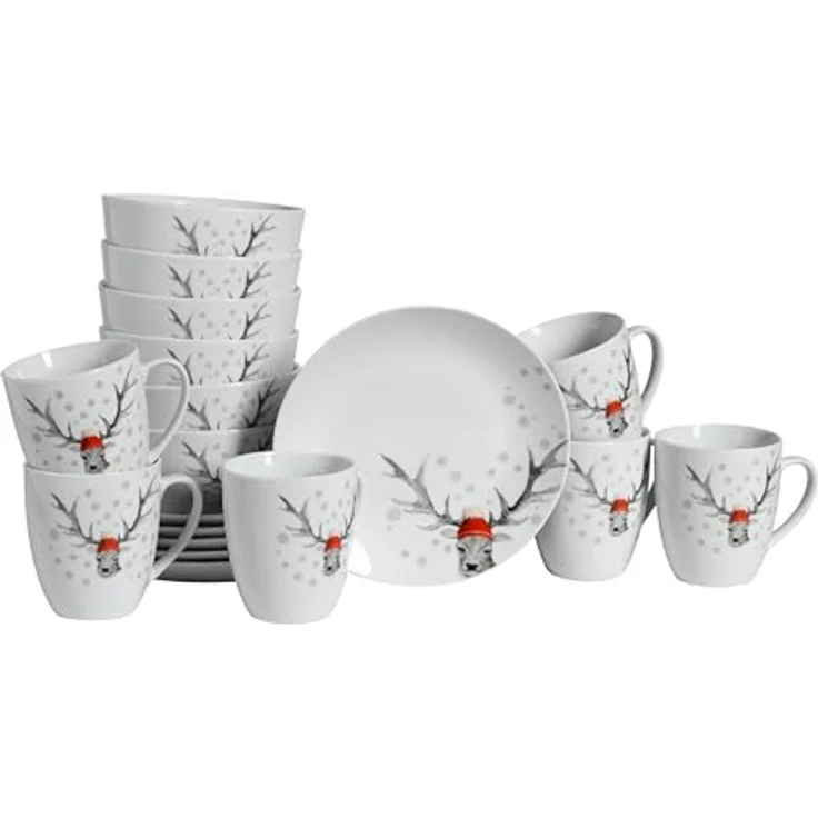 Creatable Kombiservice Hirsch, 18-teiliges Geschirrset aus lebensmittelechter Keramik, Weiß, stapelbar, 300 ml und 600 ml – Bild 1