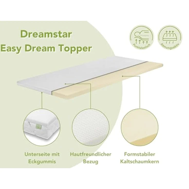 TB Furniture DREAMSTAR Easy Dream, Kaltschaum Topper, 80 x 200 cm, H4, 5 cm hoch, feuchtigkeitsregulierender Doppeltuchbezug – Bild 2