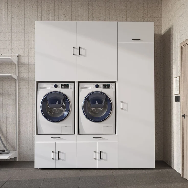 Roomart Waschmaschinenschrank / Überbauschrank - SERIE 3 – 194 cm breit – für Waschküche & Hauswirtschaftsraum – mit Schubladen & Ausziehbrett • Weiß – Bild 3