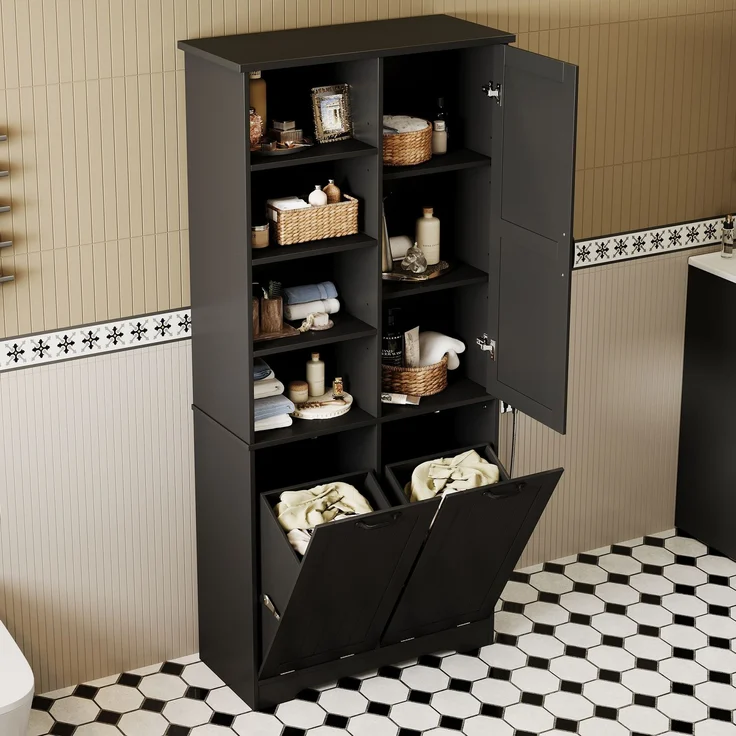 Badezimmerschrank 78 x 35 x 172,7 cm mit 2 Wäschekörben und verstellbarem Einlegeboden – Schwarz – Bild 2