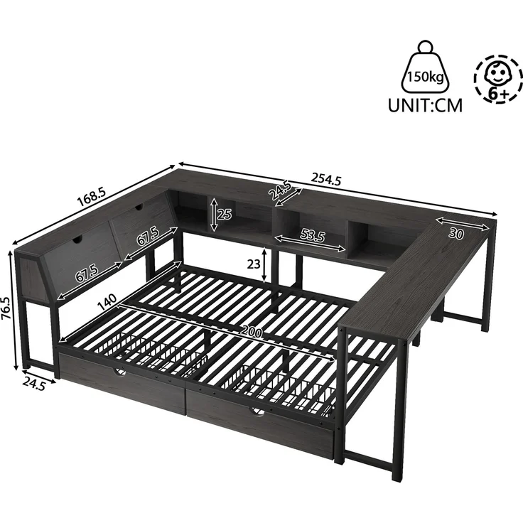 U-life Metallbett 140x200 cm, für Jugendliche, LED-Beleuchtung, Schreibtisch & Schubladen, Multifunktionales bett, MDF, Schwarz – Bild 6