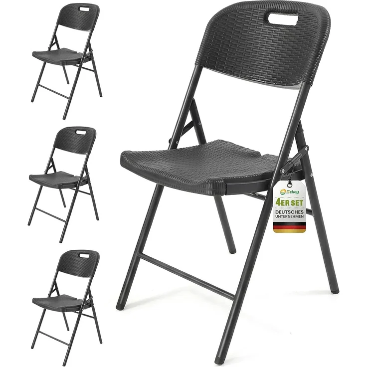 Sekey Klappstuhl 4er Set, Klappstühle aus Kunststoff und Metall, Campingstuhl Gartenstuhl Klappbar bis 150KG, Schwarz Rattanoptik – Bild 1