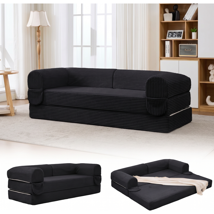 LVHOM Modulares Sofa 2 Sitzer, Schlafsofa mit Seitentaschen, Klappsofa mit Schlaffunktion, kein Aufbau erforderlich, Cord, Schwarz