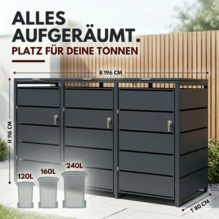 Albatros Mülltonnenbox 3er Tonne | bis 240 Liter | Anthrazitgrau RAL 7016 | verzinkter Stahl | Premium Dämpfer| Aufkleber-Set | wetterfest| verstellbare Füße| Türgriff mit Schloss | Gartenbox | entwickelt in Deutschland – Bild 5