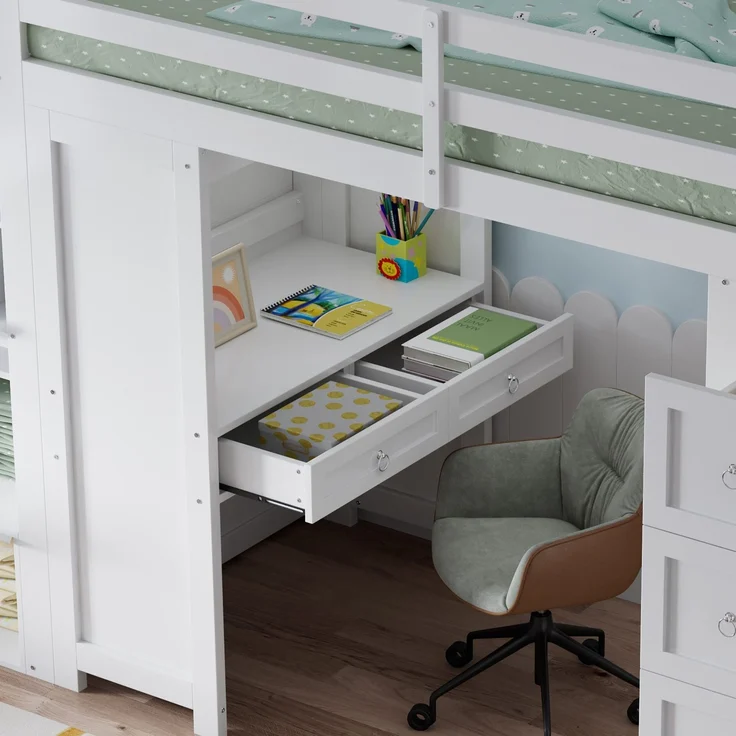 Hochbett mit Schreibtisch, Regal, Schubladen, Treppe, Schrank, Lattenrost und Rausfallschutz, 90x200 cm, Holzbett – Bild 4