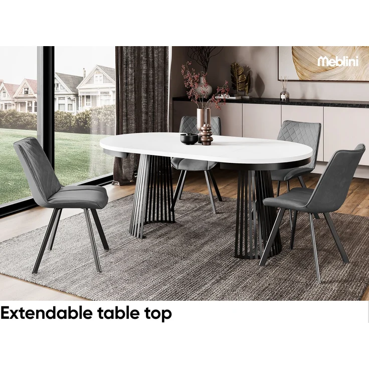 MEBLINI Esstisch Rund Ausziehbar aus Metall - 100-176x77cm - LAMORE - Weiß Matt/Schwarz Matt - Loft - Esszimmertisch Modern - Küchentisch - Ausziehtisch - Round Dining Table - Esszimmertische - Weiß Matt/Schwarz Matt – Bild 3