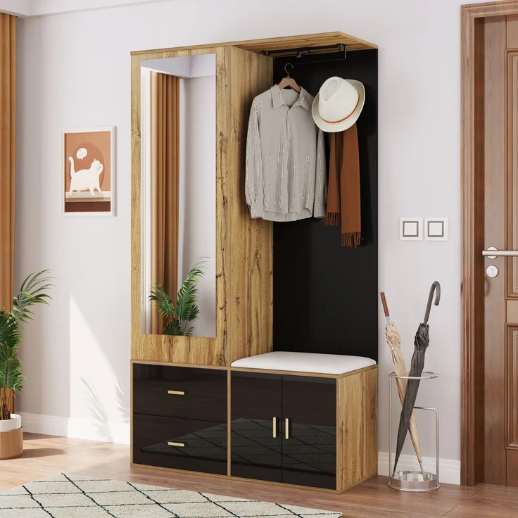 Faumrta Elegantes Kleiderschrankset in Schwarz und Holzfarbe mit Spiegel, Schuhschrank, Schuhbank mit Haken und ausziehbaren Kleiderbügeln. 100CM*38CM*180CMNaturalSpanplatte – Bild 10