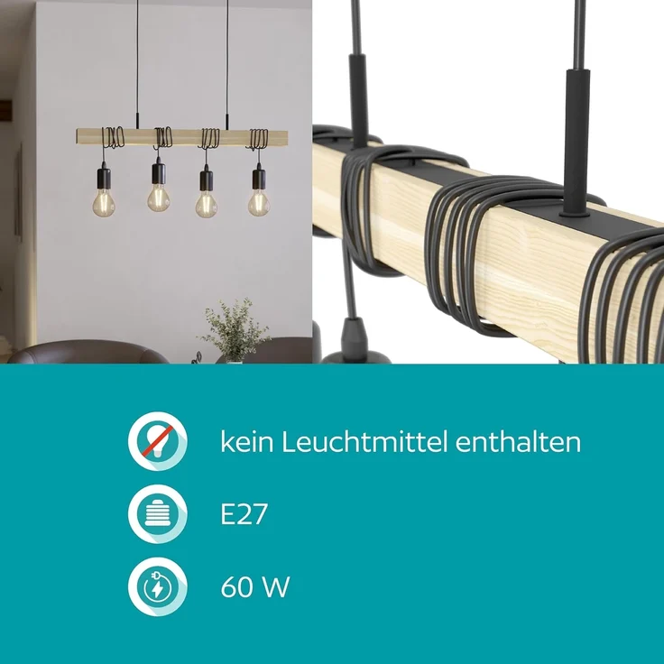 Eglo 32916 Pendelleuchte TOWNSHEND Stahl schwarz, Holz braun E27 4X40W L:70cm B:10,5cm H:110cm dimmbar – Bild 4