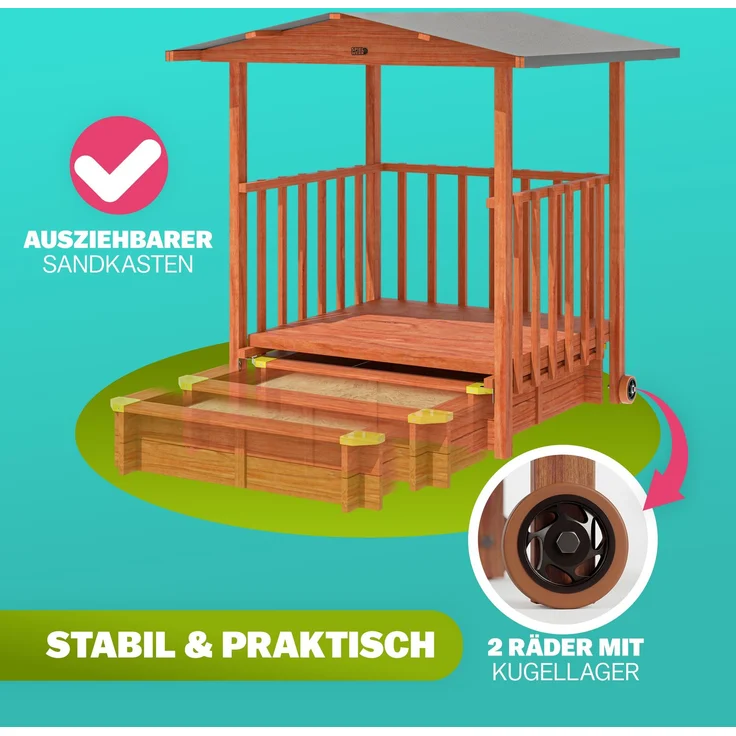 Spielwerk Sandkasten 'Merle' mit Dach und Veranda, Fichtenholz braun, 130 x 225 x 143 cm – Bild 3