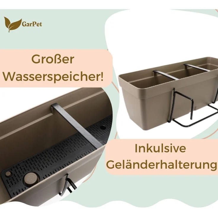 GarPet Balkonkasten 2er Set Blumenkasten Balkon Geländer Halterung Wasserspeicher 50 cm – Bild 4