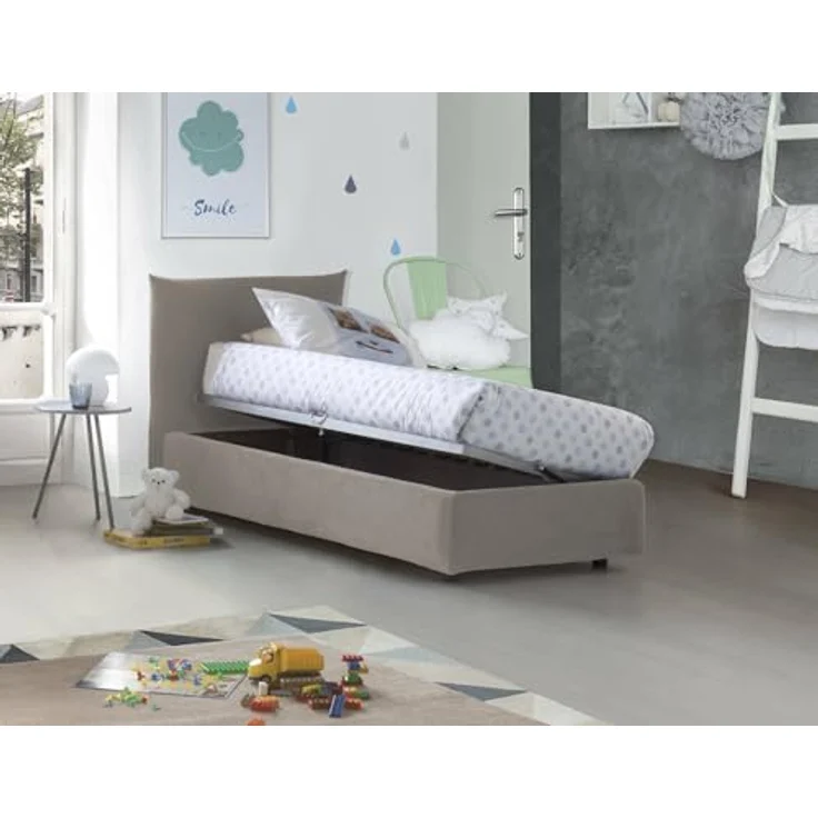 Talamo Italia - Einzelbett Marina, Stauraumbett mit Stoffbezug, 100 % Made in Italy, seitliche Öffnung, geeignet für Matratze 80x190 cm, taubengrau – Bild 4