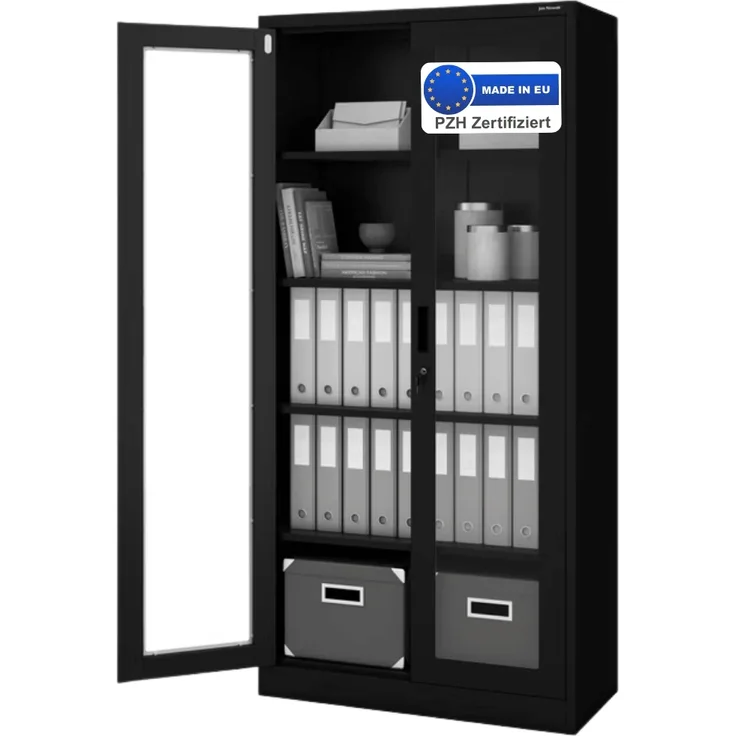 Vitrinenschrank abschließbar ELLO - Glastüren, 5 Ebenen | Büroschrank aus Stahl Aktenschrank mit Glasfenster Metallschrank Mehrzweckschrank, 185x90x40cm Schwarz