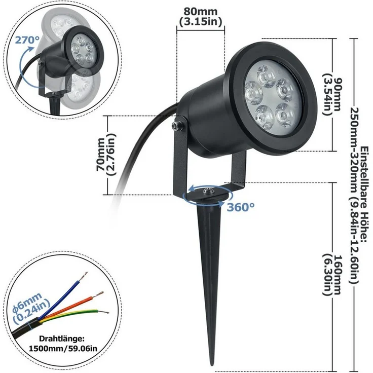 FIVMEN LED Gartenstrahler Gartenleuchte mit Erdspieß Warmweiß Gartenlampe, für Außenbereich Garten Teich Landschaft, ohne Schukostecker – Bild 1
