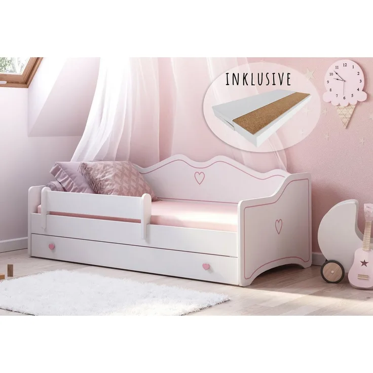 Kids Collective Kinderbett Mädchenbett 80x160 80x180 mit Matratze, Rausfallschutz & Schublade, Rosa, umbaubar in Couch, 180x80 cm, mit punktelastischer Matratze