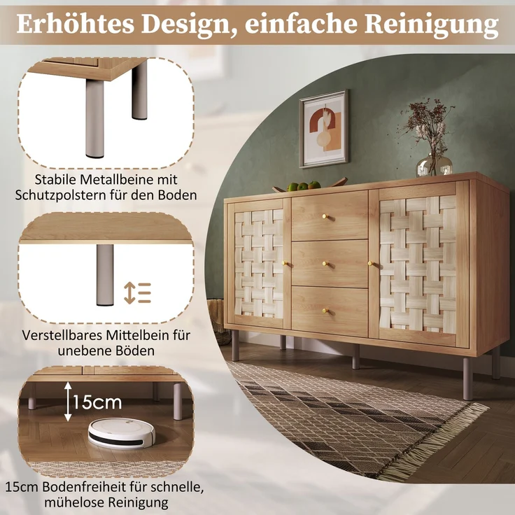 Merax Sideboard, Landhaus-Kommode 120x40x75 cm, eichefarben, mit 2 Türen, 3 Schubladen, höhenverstellbare Einlegeböden, Metallbeine, Kippsicherung – Bild 6
