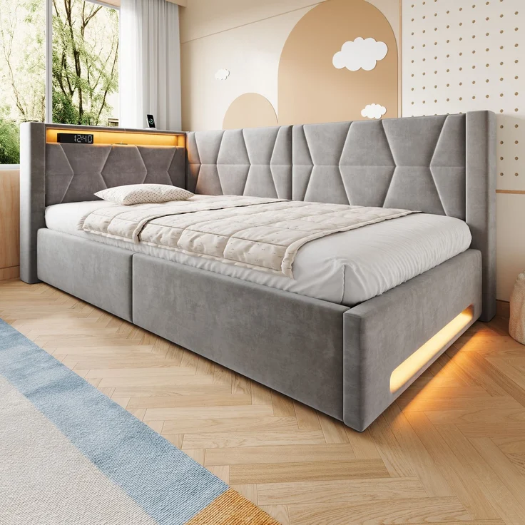 LVHOM Einzelbett 90x200 cm mit Stauraum, Polsterbett mit LED, USB und Type-C, Jugendbett, Hydraulischem Bettgestell, Samt, Grau – Bild 9